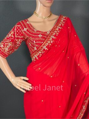 Red Embroidered Saree with Gold Accents & stitched blouse (Brand New)